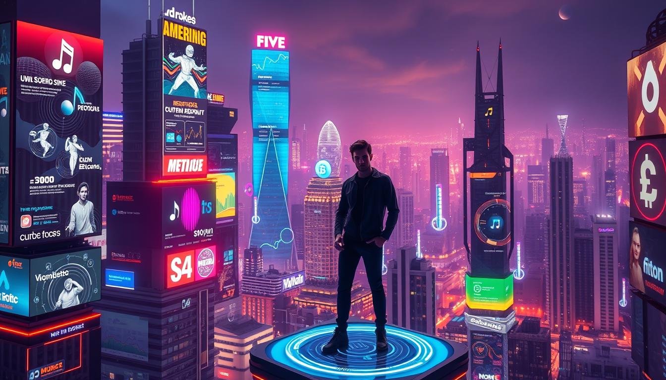 Musician standing exploring multiple music income streams and money signs