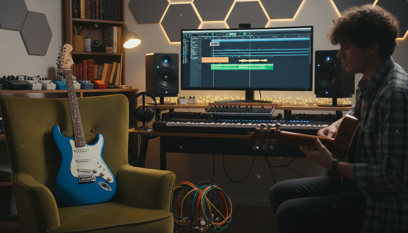 a modern home studio setup showcasing a guitarist recording in Logic Pro.