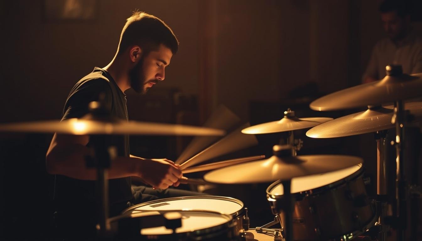Drummer performing in low light.