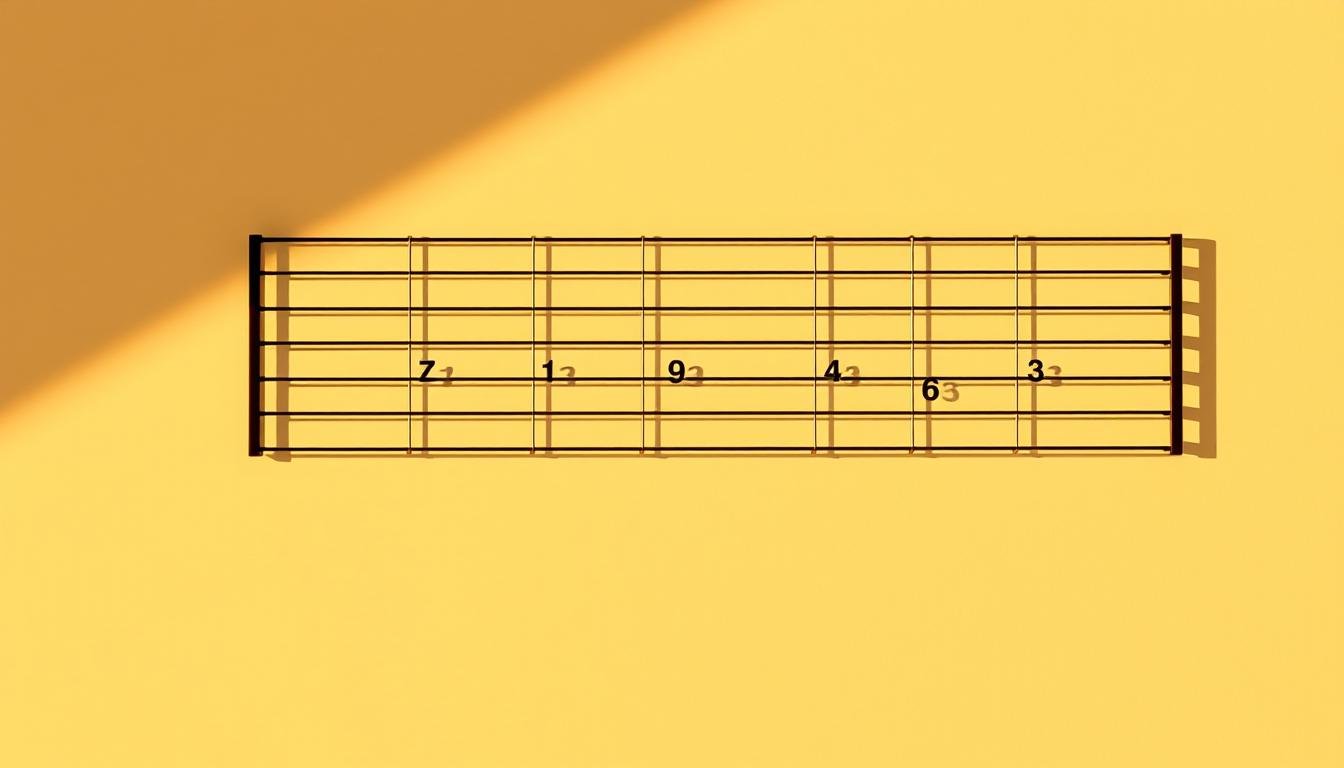 Close-up of guitar tabs sheet with acoustic guitar placed beside it