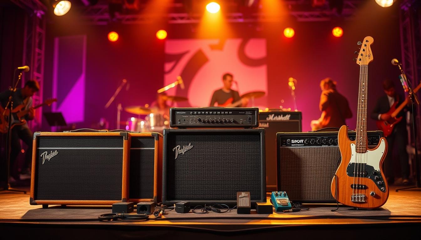 Bass amplifier setup in a studio with bass guitar leaning against the amp