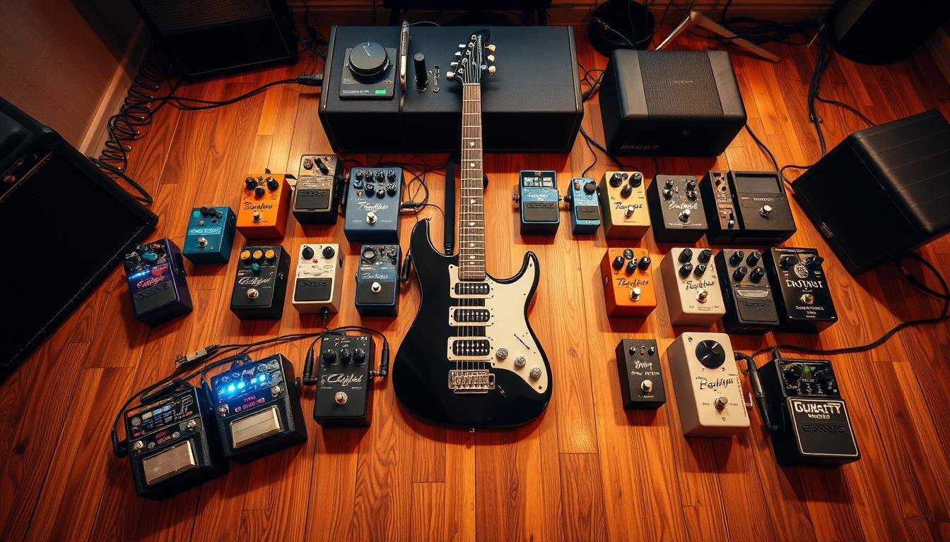 Guitar pedalboard showing effects arranged in signal chain order