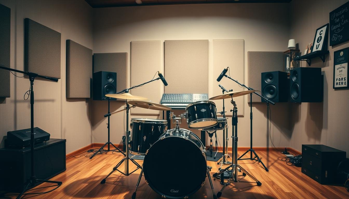 Home studio drum recording setup with microphones placed on a drum kit