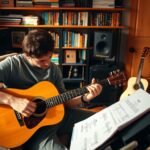 Beginner guitarist practicing with a guitar, metronome, and practice notes at home