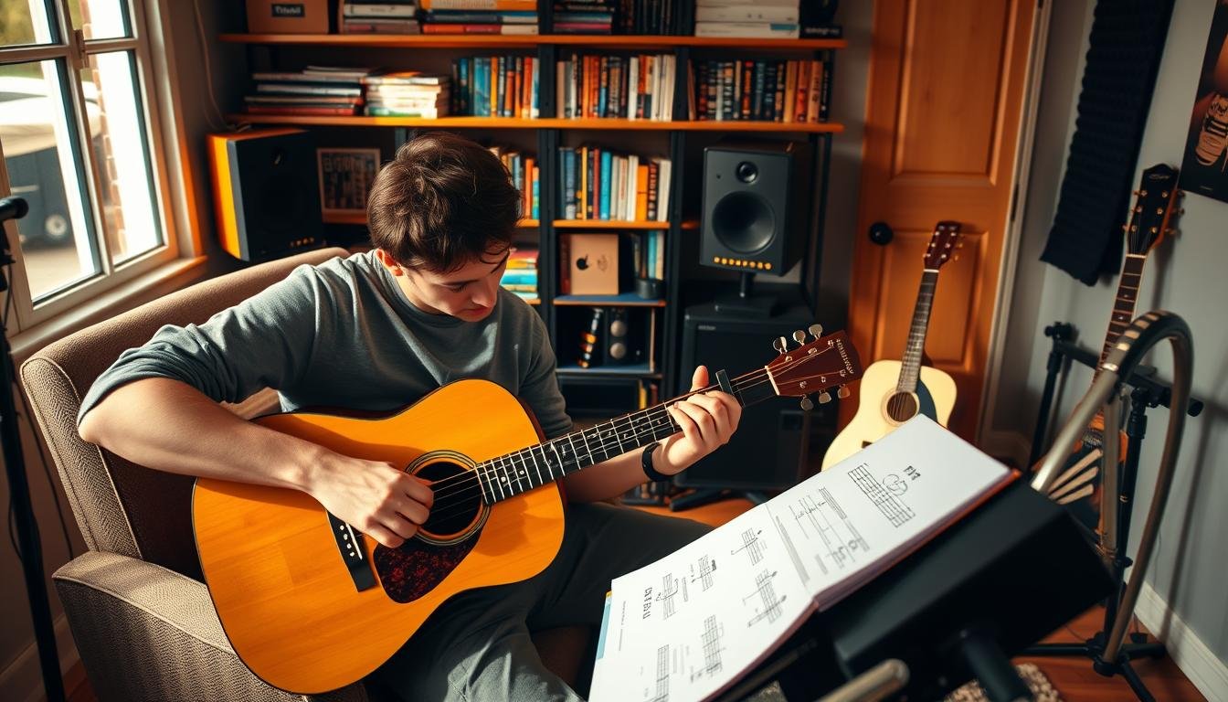 Beginner guitarist practicing with a guitar, metronome, and practice notes at home