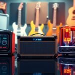 Tube, solid-state, and digital guitar amplifiers displayed side by side