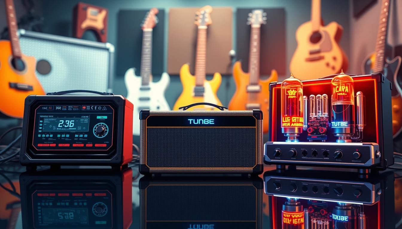 Tube, solid-state, and digital guitar amplifiers displayed side by side