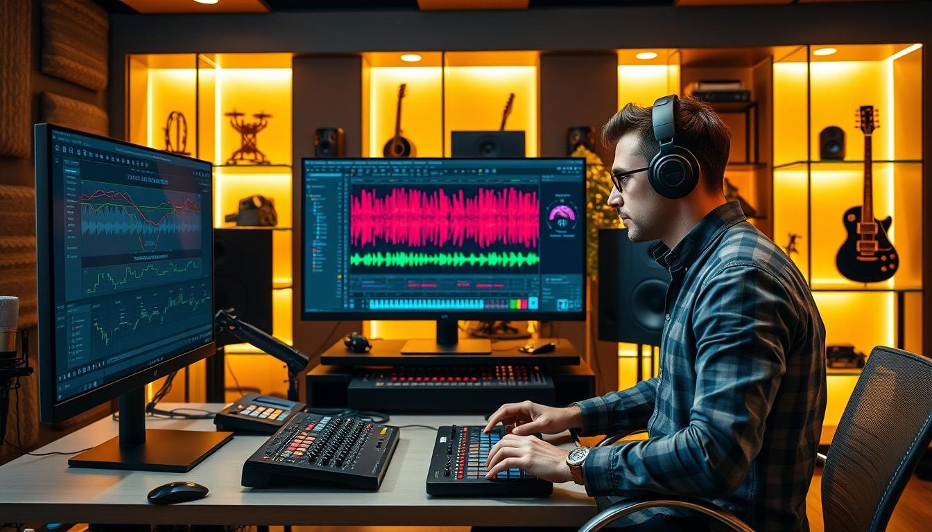 Beginner music producer working on a laptop with a DAW, MIDI keyboard, and studio monitors