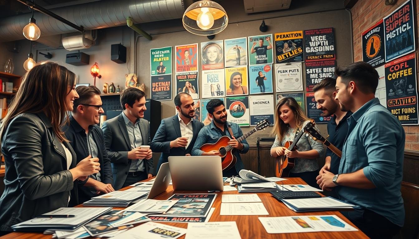 Musicians in a boardroom negotiating a live performance
