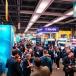 Crowded exhibition hall at the NAMM Show with musical instruments and gear booths