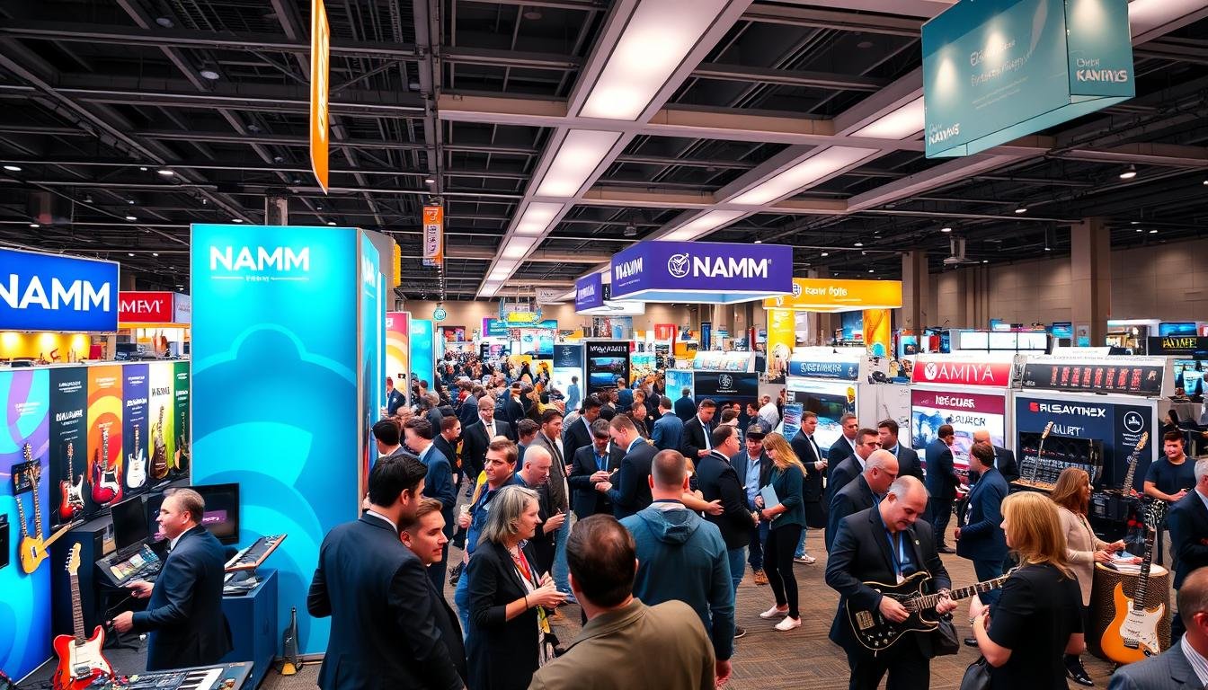Crowded exhibition hall at the NAMM Show with musical instruments and gear booths